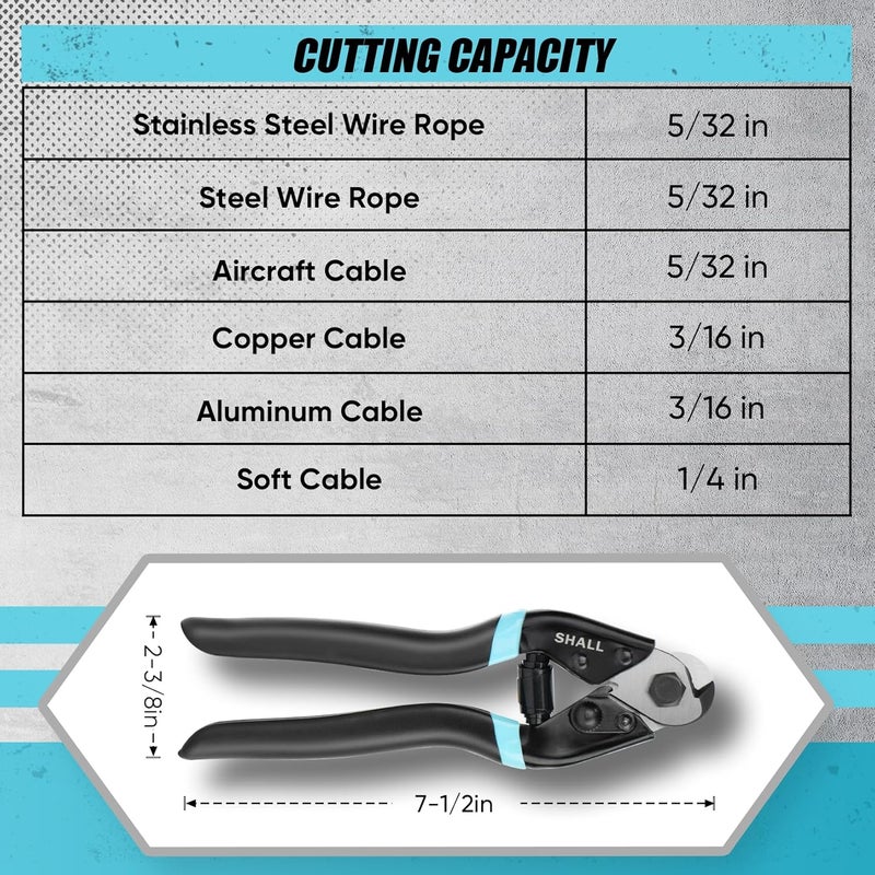 SHALL Cable Cutter, 7-1/2 inch Wire Rope Cutter Heavy Duty for Cuttng Up to 5/32", Chrome Vanadium Steel Jaw for Hard Wire Ropes, Steel Wires, Aircraft Cables, Railing, Metal Fence, Bike Bicycle Brake - Image 2